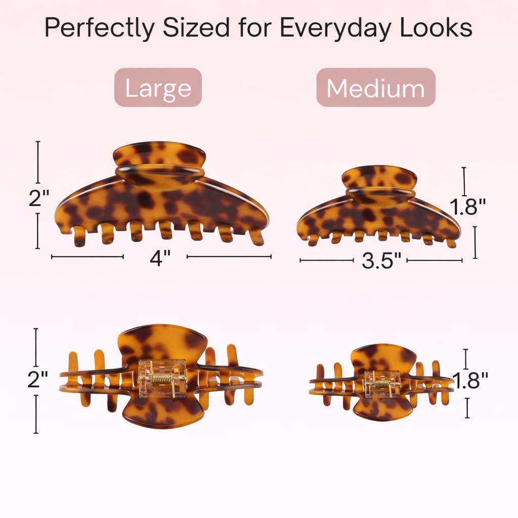 Hair Claw Clip – Large & Medium Sizes – Strong Hold, Non-Slip Grip for Thick or Fine Hair – Premium Cellulose Acetate – No Breakage, Gentle Styling for Women (Tortoise, Medium - 3.5")