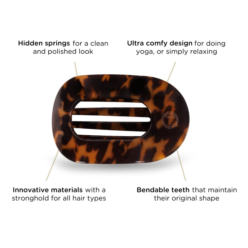 TELETIES - Medium Flat Round Clip - Strong Grip, Bendable Teeth, Comfortable Curved Design - For Lying Down, Yoga, Driving & More - Ideal for Medium-Thick Hair - For All Hair Textures - Tortoise