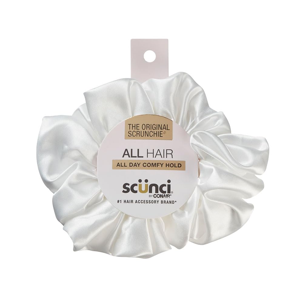 Scunci by Conair The Original Scrunchie hair accessories - hair accessories for women - hair ties - trendy hair accessories - Jumbo Size in Washable White Nylon Silk- 1 Count