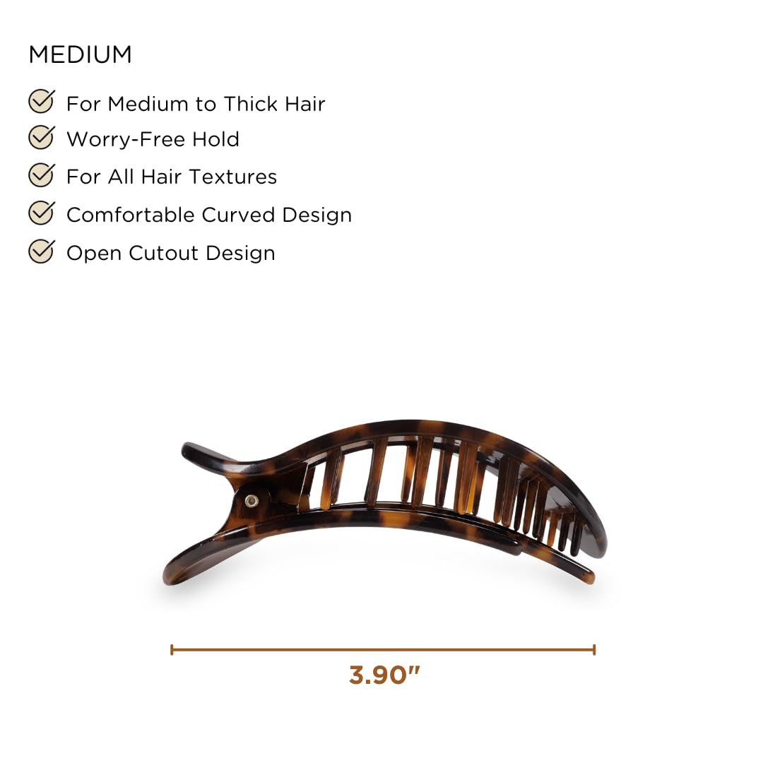 TELETIES - Medium Flat Round Clip - Strong Grip, Bendable Teeth, Comfortable Curved Design - For Lying Down, Yoga, Driving & More - Ideal for Medium-Thick Hair - For All Hair Textures - Tortoise