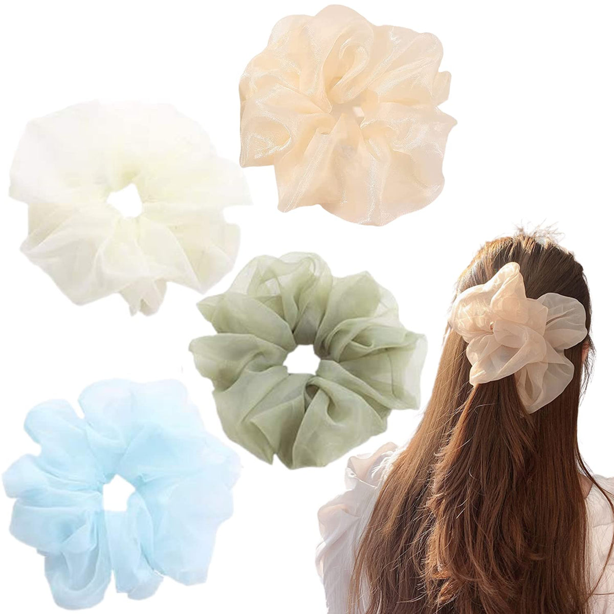 Cute Large Big Oversized Scrunchies for Women: Jumbo Chiffon Hair Ties for Sleeping, No Damage Hair Accessories for Thick Hair (6PCS)