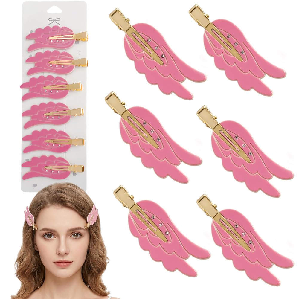 Rauimour Set of 6 Angel Wing Hair Clips with Rhinestone, No Bend Creaseless Acetate Cartoon Clips for Women Girls Styling Bangs Makeup Hair Accessories, Golden Barrettes Hairpin(Mix Color)