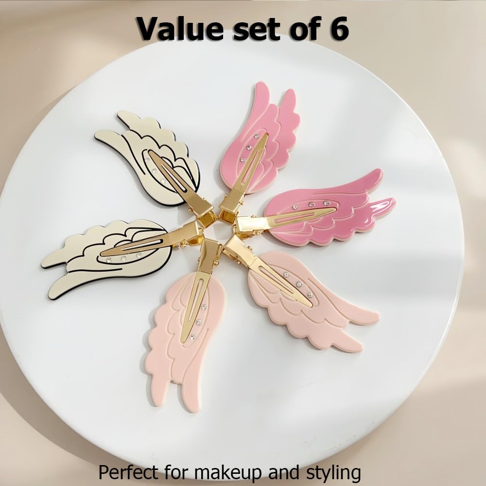Rauimour Set of 6 Angel Wing Hair Clips with Rhinestone, No Bend Creaseless Acetate Cartoon Clips for Women Girls Styling Bangs Makeup Hair Accessories, Golden Barrettes Hairpin(Mix Color)