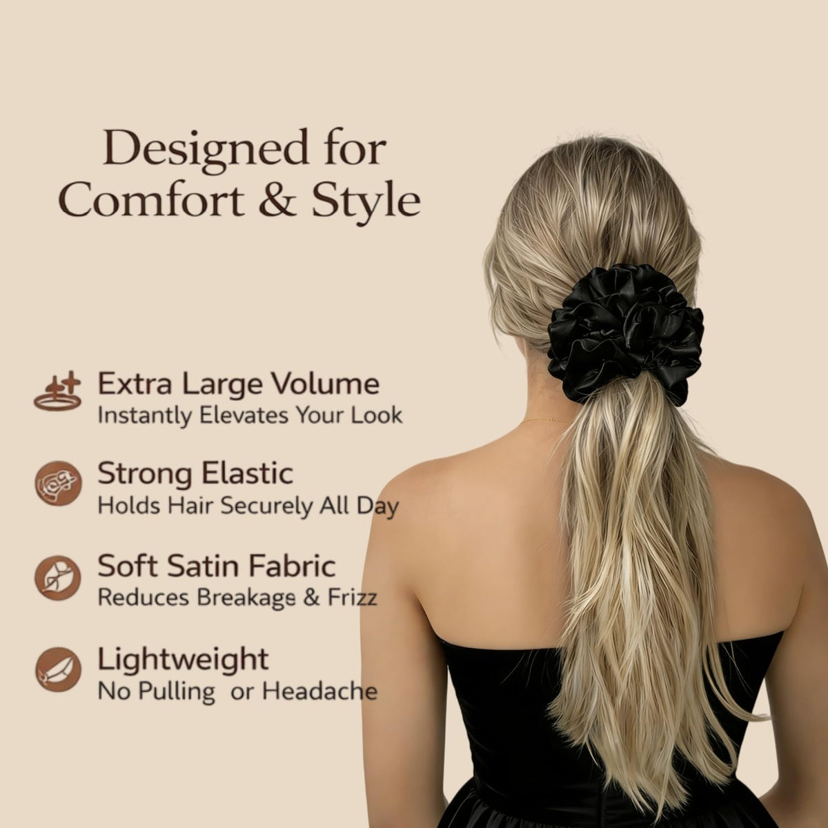 3 Pack Satin Scrunchies for Women, Large Silk Ruffle Scrunchies, Voluminous Hair Ties for Thick & Thin Hair, Hair Bow for Daily, Work & Party (Black, Brown, Red)