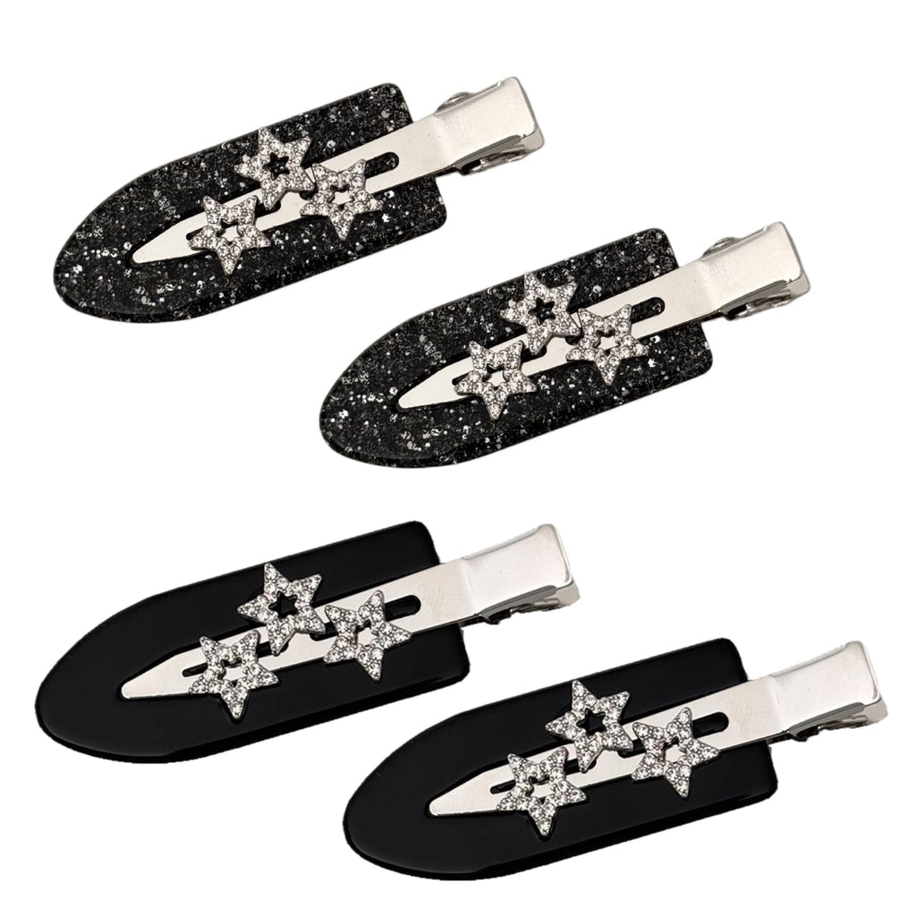 4Pcs Black Sparkly Rhinestone Star Creaseless Hair Clips, No Bend Black Glitter Barrettes, Sparkly No Crease Makeup Clips for Women Styling & Daily Wear