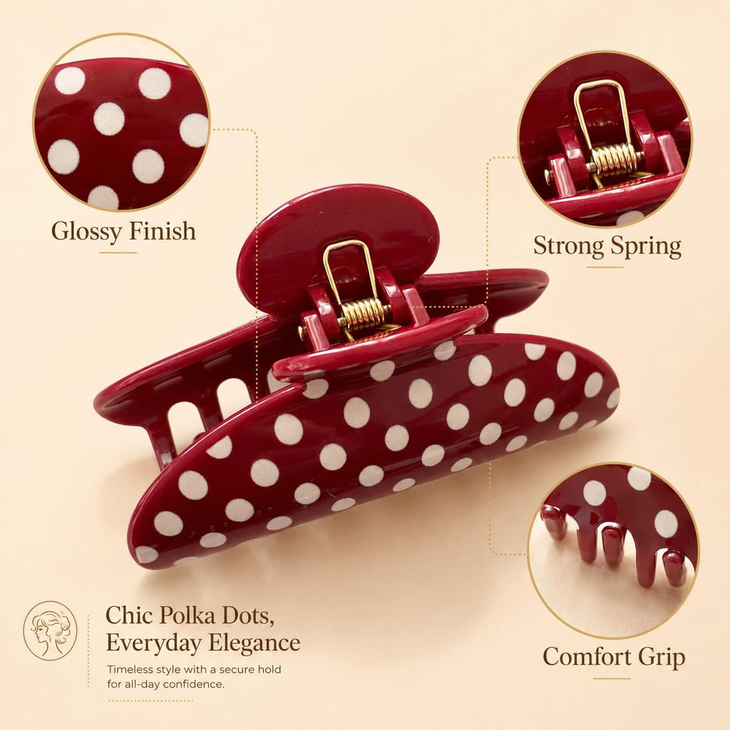 Claw Clips for Thick Hair | Polka Dot All Styles | Secure Grip, White, 1 Pack