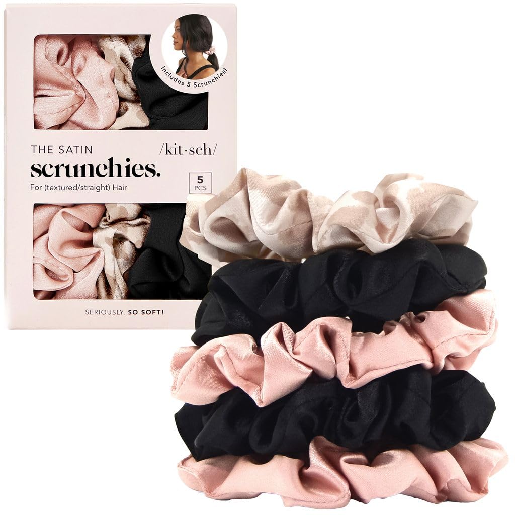 Kitsch Satin Scrunchies for Women | For All Hair Types - Black, 5pcs