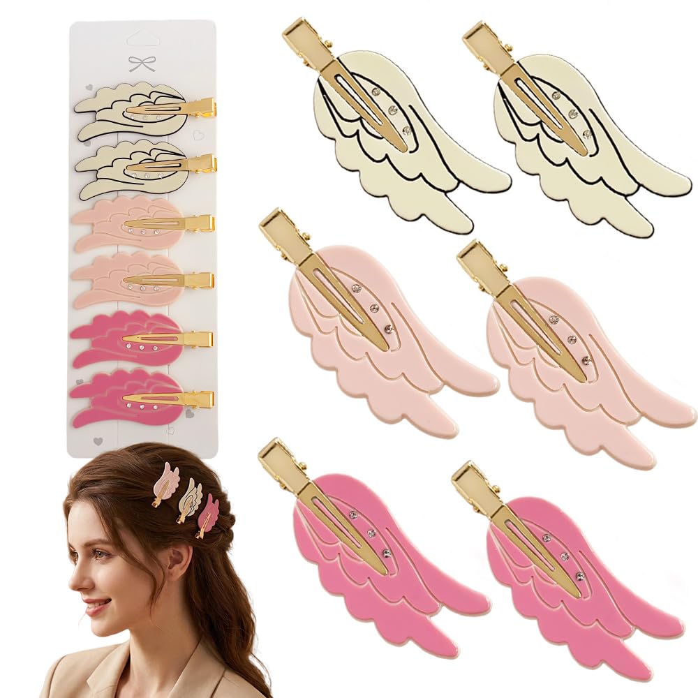 Rauimour Set of 6 Angel Wing Hair Clips with Rhinestone, No Bend Creaseless Acetate Cartoon Clips for Women Girls Styling Bangs Makeup Hair Accessories, Golden Barrettes Hairpin(Mix Color)