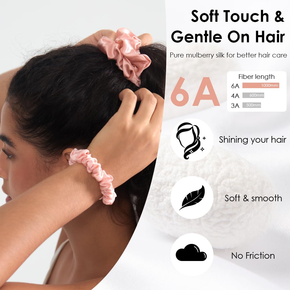 Michooyel 100% Mulberry Silk Scrunchies Hair Ties Elastic Band Scrunchy For Women Girls Curly Hair, No Damage, Ponytail Holder, 3 Pack, 4 cm