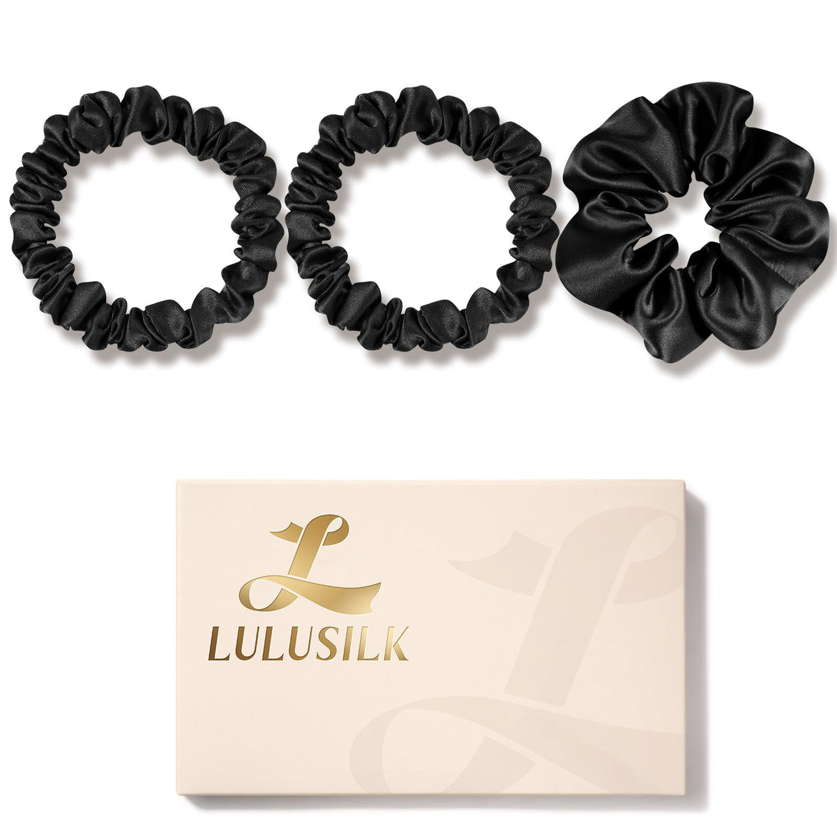 LULUSILK Silk Scrunchies for Hair Sleep, 100% Real Mulberry Silk, No Damage Hair Ties for Women and Girls, Classic Black, Pack of 3