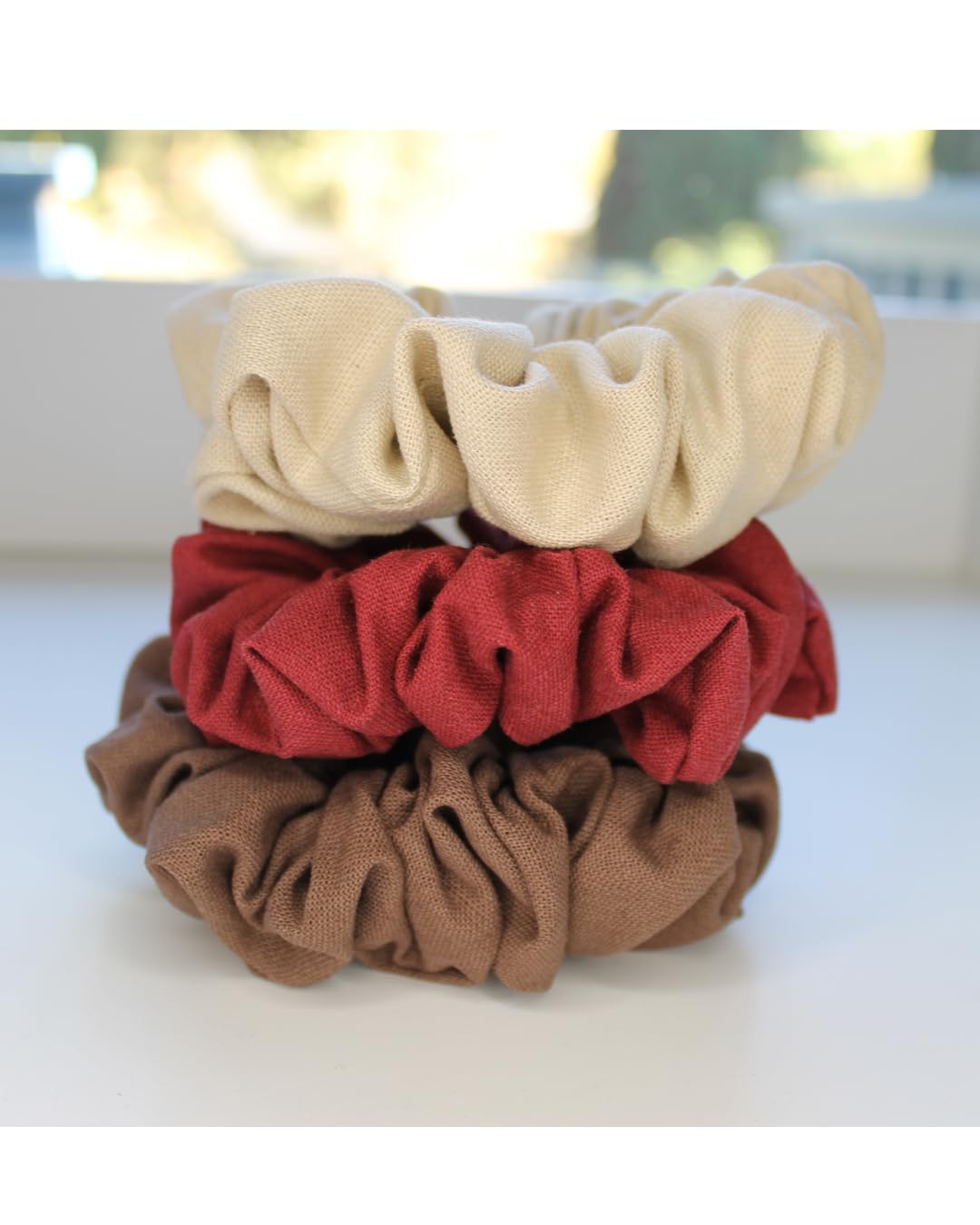 Handmade Linen Scrunchie Bundle for Women – Set of 3 Neutral Hair Ties – 100% Linen Fabric, Gentle on Hair, Woman Gift Set (Tierra)