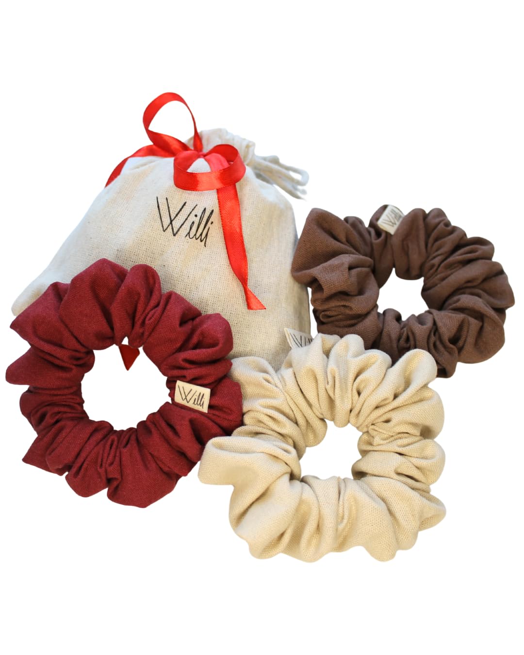 Handmade Linen Scrunchie Bundle for Women – Set of 3 Neutral Hair Ties – 100% Linen Fabric, Gentle on Hair, Woman Gift Set (Tierra)