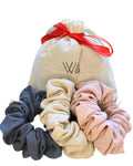 Handmade Linen Scrunchie Bundle for Women – Set of 3 Neutral Hair Ties – 100% Linen Fabric, Gentle on Hair, Woman Gift Set (Tierra)