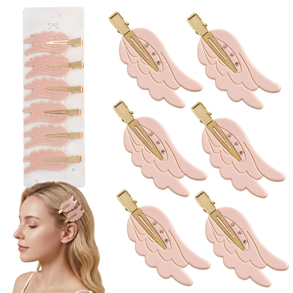 Rauimour Set of 6 Angel Wing Hair Clips with Rhinestone, No Bend Creaseless Acetate Cartoon Clips for Women Girls Styling Bangs Makeup Hair Accessories, Golden Barrettes Hairpin(Mix Color)