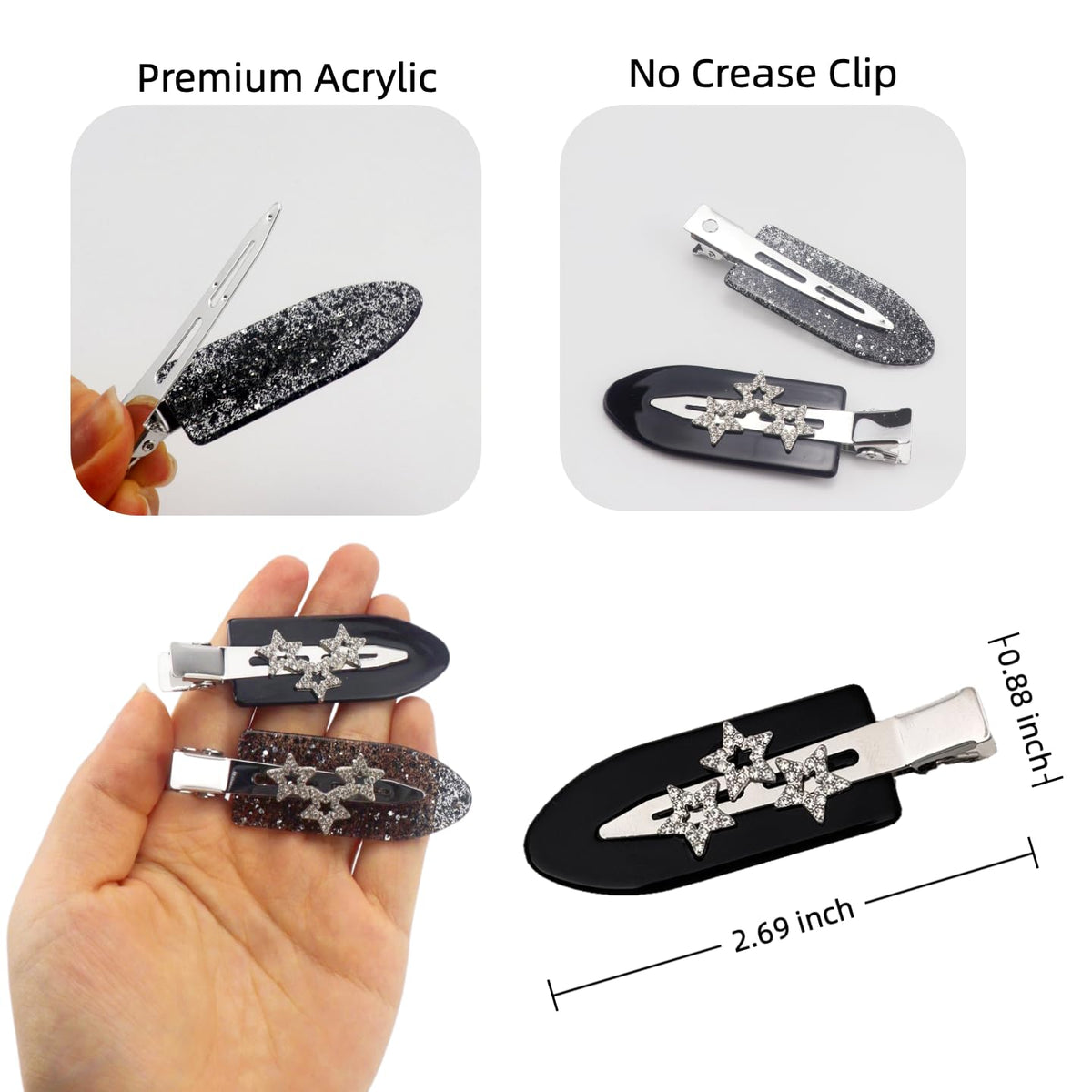 4Pcs Black Sparkly Rhinestone Star Creaseless Hair Clips, No Bend Black Glitter Barrettes, Sparkly No Crease Makeup Clips for Women Styling & Daily Wear