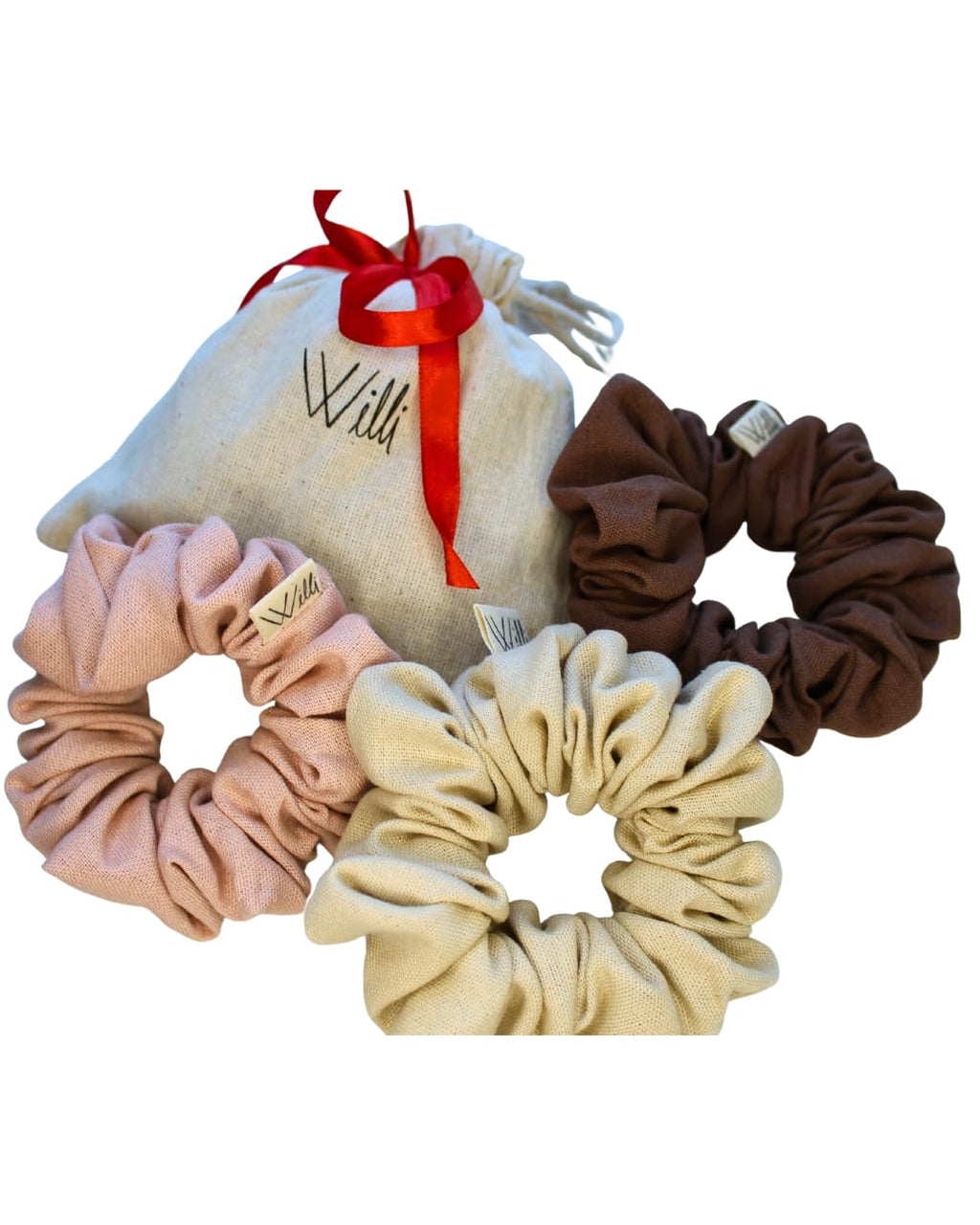 Handmade Linen Scrunchie Bundle for Women – Set of 3 Neutral Hair Ties – 100% Linen Fabric, Gentle on Hair, Woman Gift Set (Tierra)