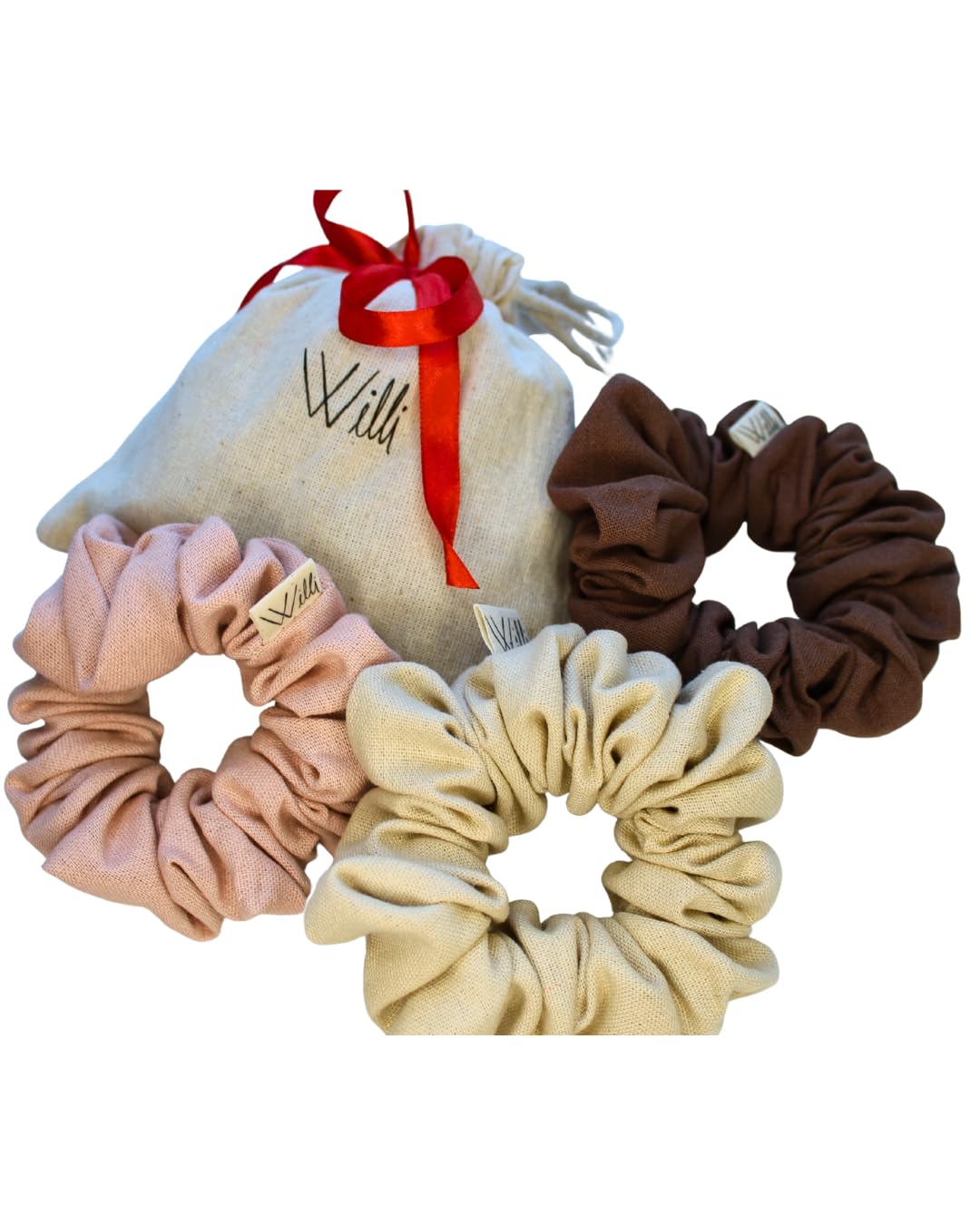 Handmade Linen Scrunchie Bundle for Women – Set of 3 Neutral Hair Ties – 100% Linen Fabric, Gentle on Hair, Woman Gift Set (Tierra)