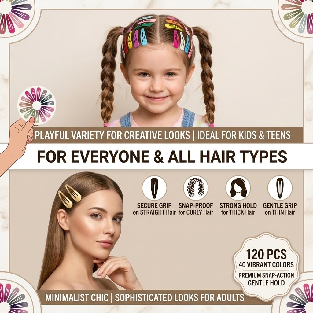 120 Pack Colorful Metal Snap Hair Clips, 2 Inch Hair Barrettes for Styling