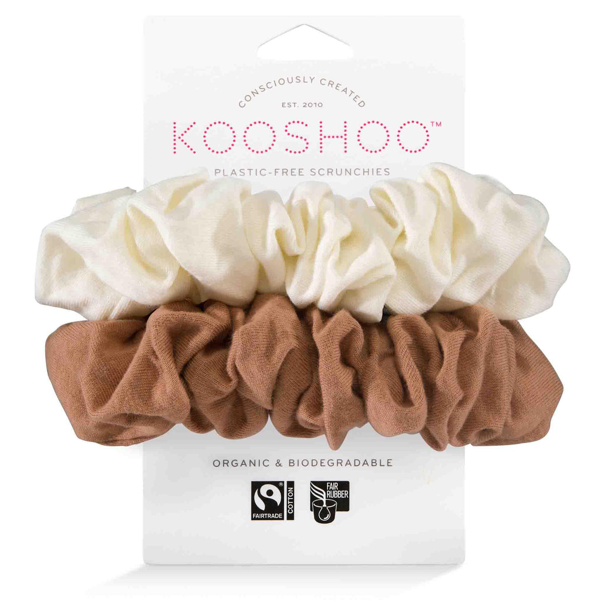 KOOSHOO Scrunchies - Organic Cotton Scrunchie Set Made from Plants - Washable, Durable, No-Damage Accessories for All Hair Types - Fair Trade, Ethically Made, Vegan - 2ct - Macchiato Brown