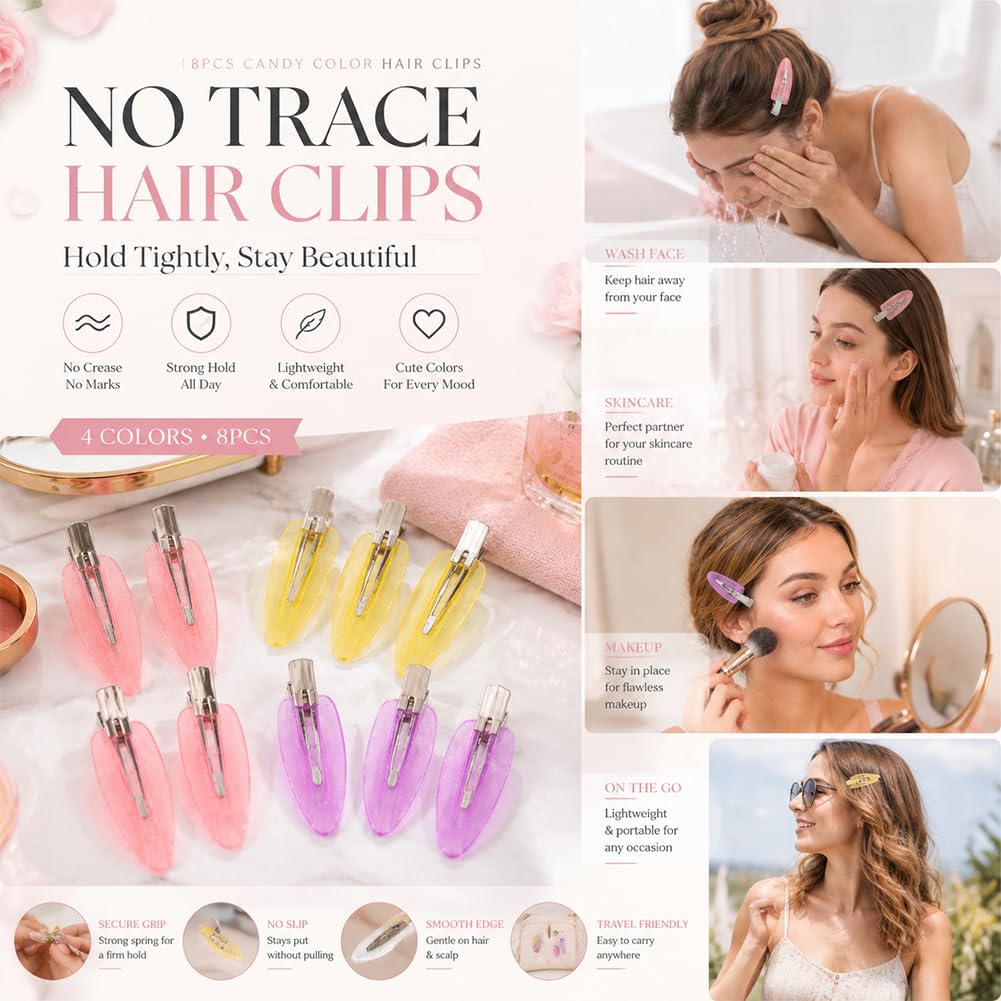 8 Pcs No Crease Hair Clips – Creaseless Flat Clips for Makeup and Styling, Gold Metal Handles No Bend Design, Holds Bangs During Skin Care, Daily Styling & Getting Ready-Pink,Blue,Yellow,Purple