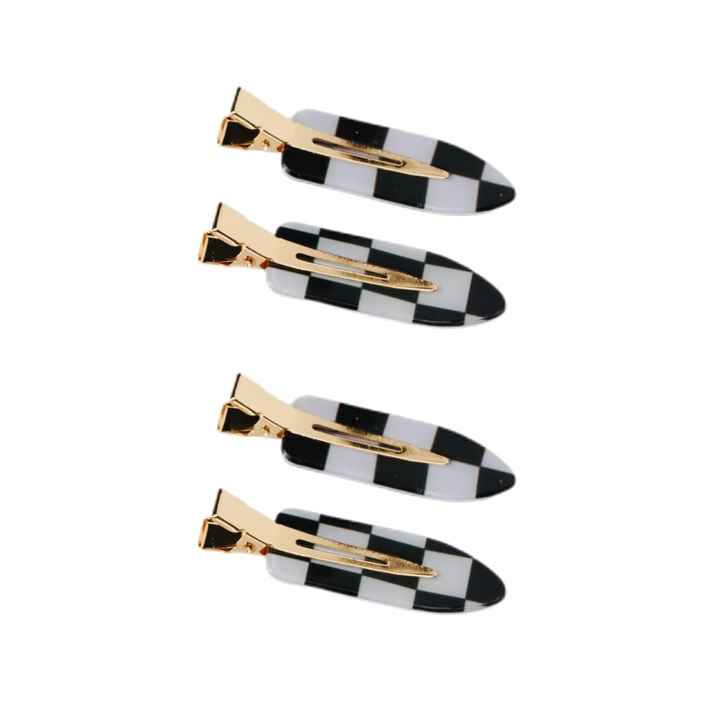 No Crease Hair Clips Set - Checkered Curl Clips for Bang, Acrylic Flat No Bend Checkerboard Side Clips for Women and Girls' Hairstyling Makeup Applications - Black and White 4PCS