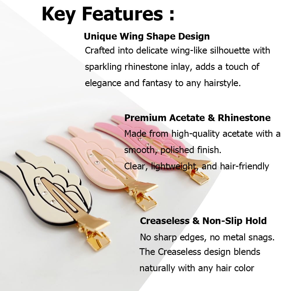 Rauimour Set of 6 Angel Wing Hair Clips with Rhinestone, No Bend Creaseless Acetate Cartoon Clips for Women Girls Styling Bangs Makeup Hair Accessories, Golden Barrettes Hairpin(Mix Color)