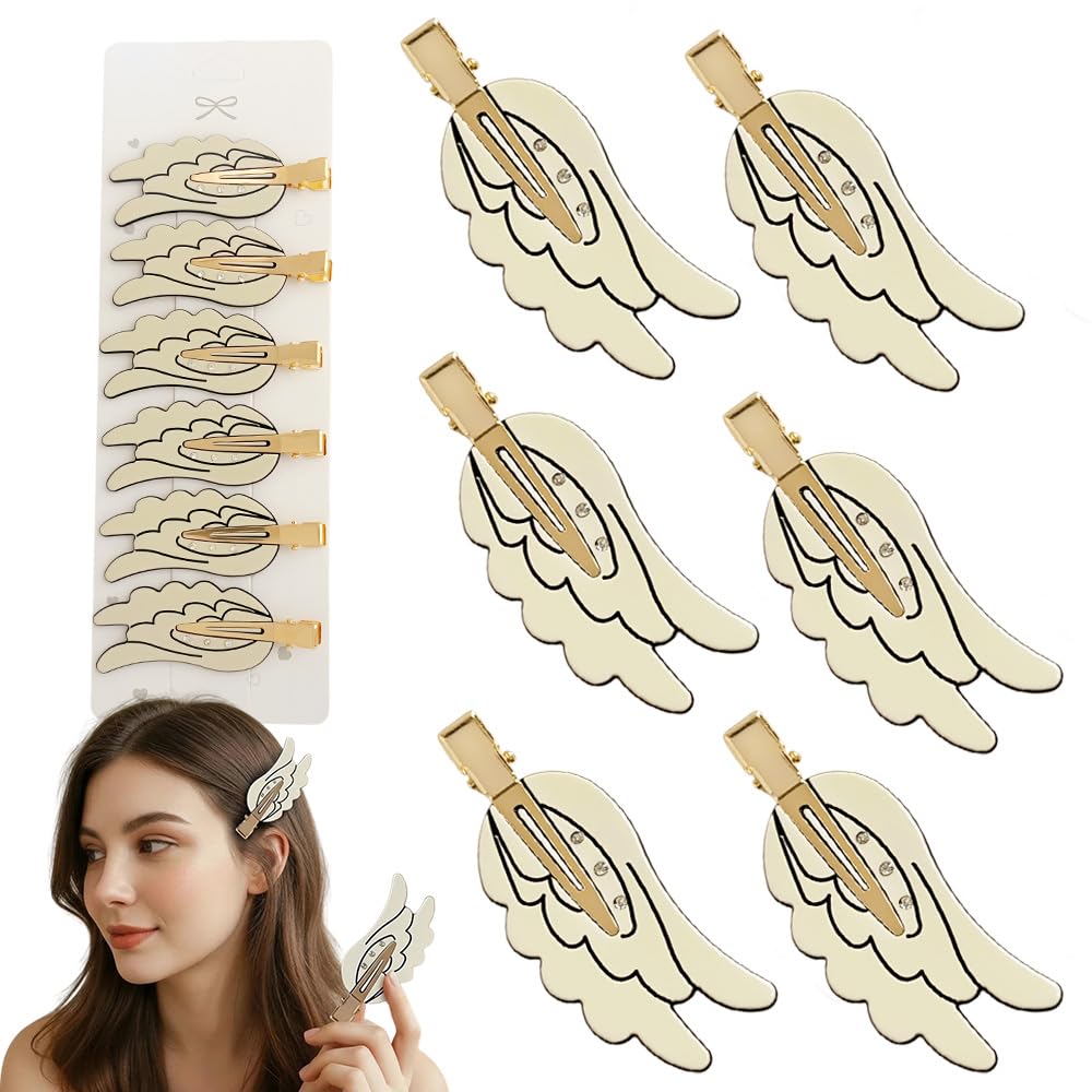 Rauimour Set of 6 Angel Wing Hair Clips with Rhinestone, No Bend Creaseless Acetate Cartoon Clips for Women Girls Styling Bangs Makeup Hair Accessories, Golden Barrettes Hairpin(Mix Color)