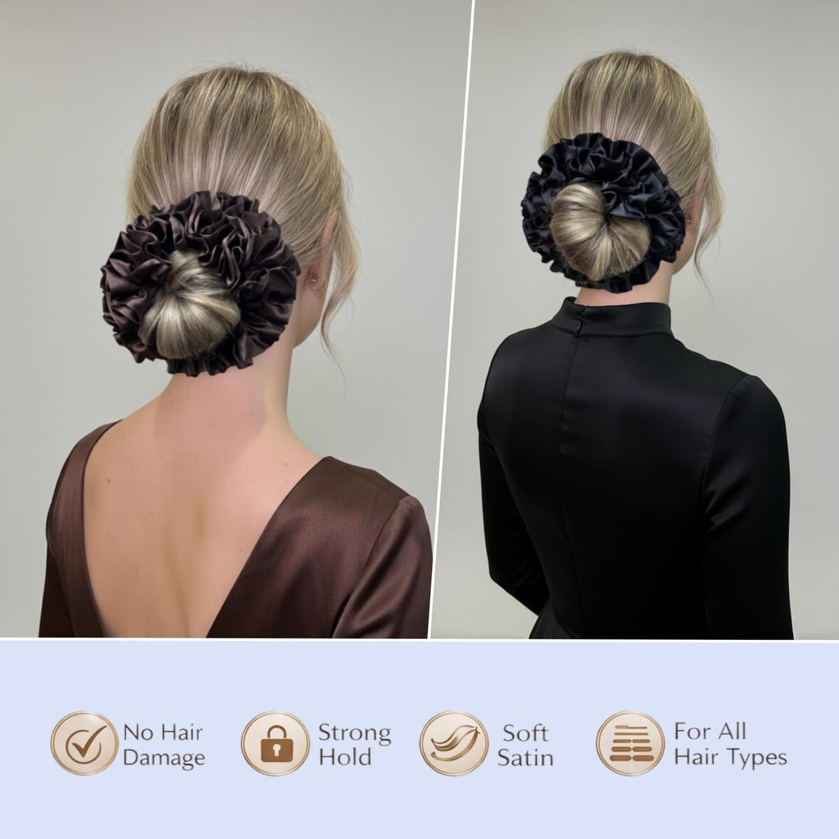3 Pack Satin Scrunchies for Women, Large Silk Ruffle Scrunchies, Voluminous Hair Ties for Thick & Thin Hair, Hair Bow for Daily, Work & Party (Black, Brown, Red)