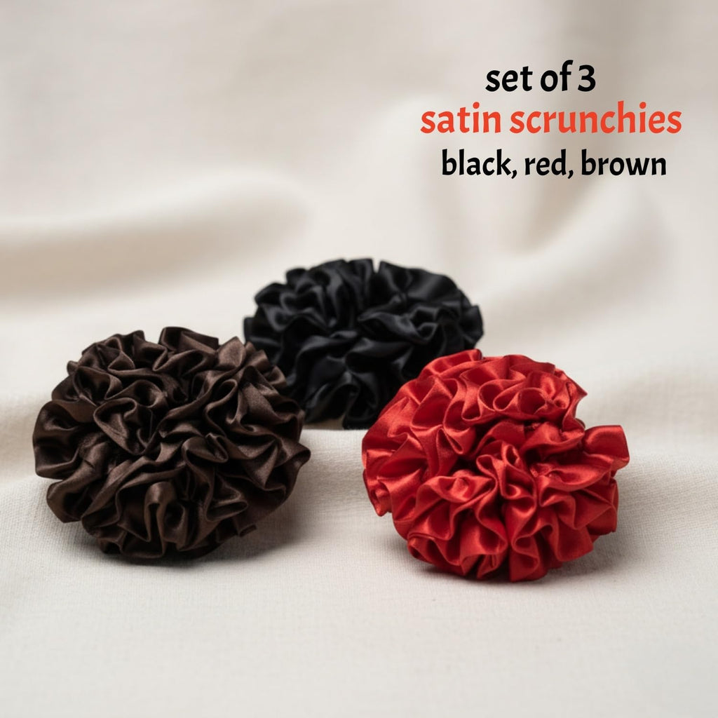 3 Pack Satin Scrunchies for Women, Large Silk Ruffle Scrunchies, Voluminous Hair Ties for Thick & Thin Hair, Hair Bow for Daily, Work & Party (Black, Brown, Red)