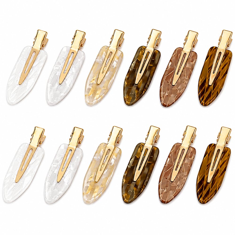 12 Pcs Acrylic No Crease Hair Clips for Women Girls No bend Acrylic Hair Clip for HairStyling Skincare Flat Creaseless Hair Clips for Women Makeup Accessories(White Gold)