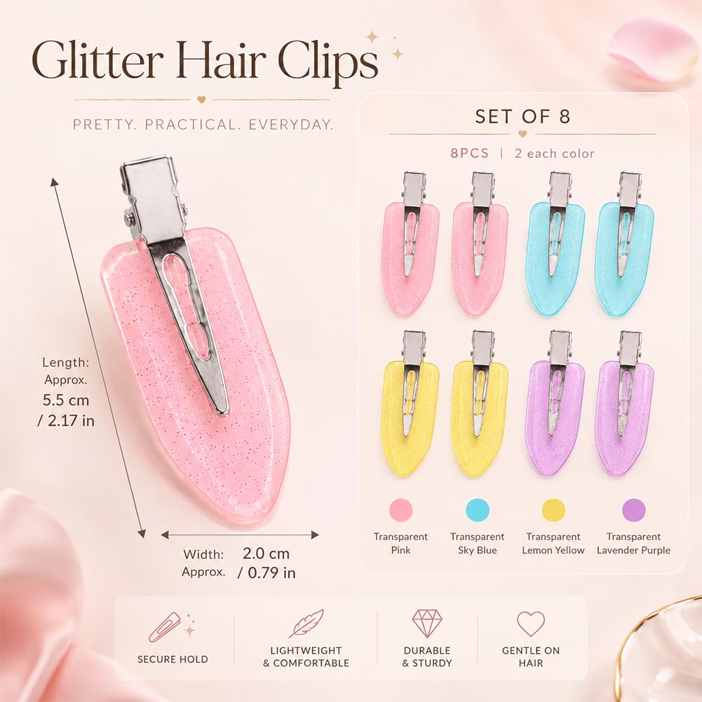 8 Pcs No Crease Hair Clips – Creaseless Flat Clips for Makeup and Styling, Gold Metal Handles No Bend Design, Holds Bangs During Skin Care, Daily Styling & Getting Ready-Pink,Blue,Yellow,Purple