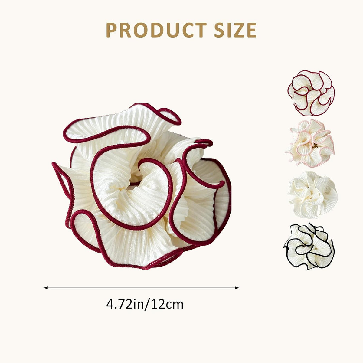 4 Pack Oversized Puffy Hair Scrunchies, 4.72 Inch Double Layer Pleated Ruffle Design, White with Colored Trim, Extra Large Hair Ties for Buns Ponytail Holders for Voluminous Look