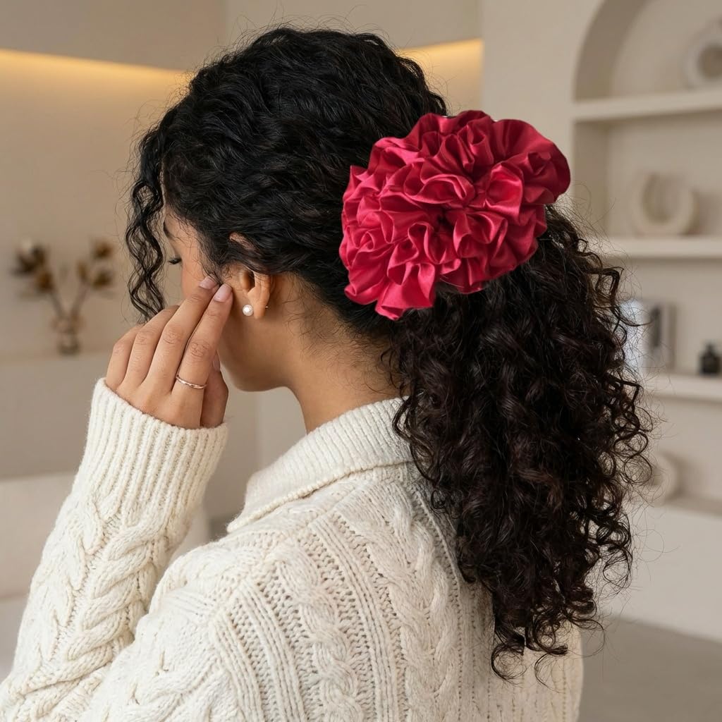 3 Pack Satin Scrunchies for Women, Large Silk Ruffle Scrunchies, Voluminous Hair Ties for Thick & Thin Hair, Hair Bow for Daily, Work & Party (Black, Brown, Red)