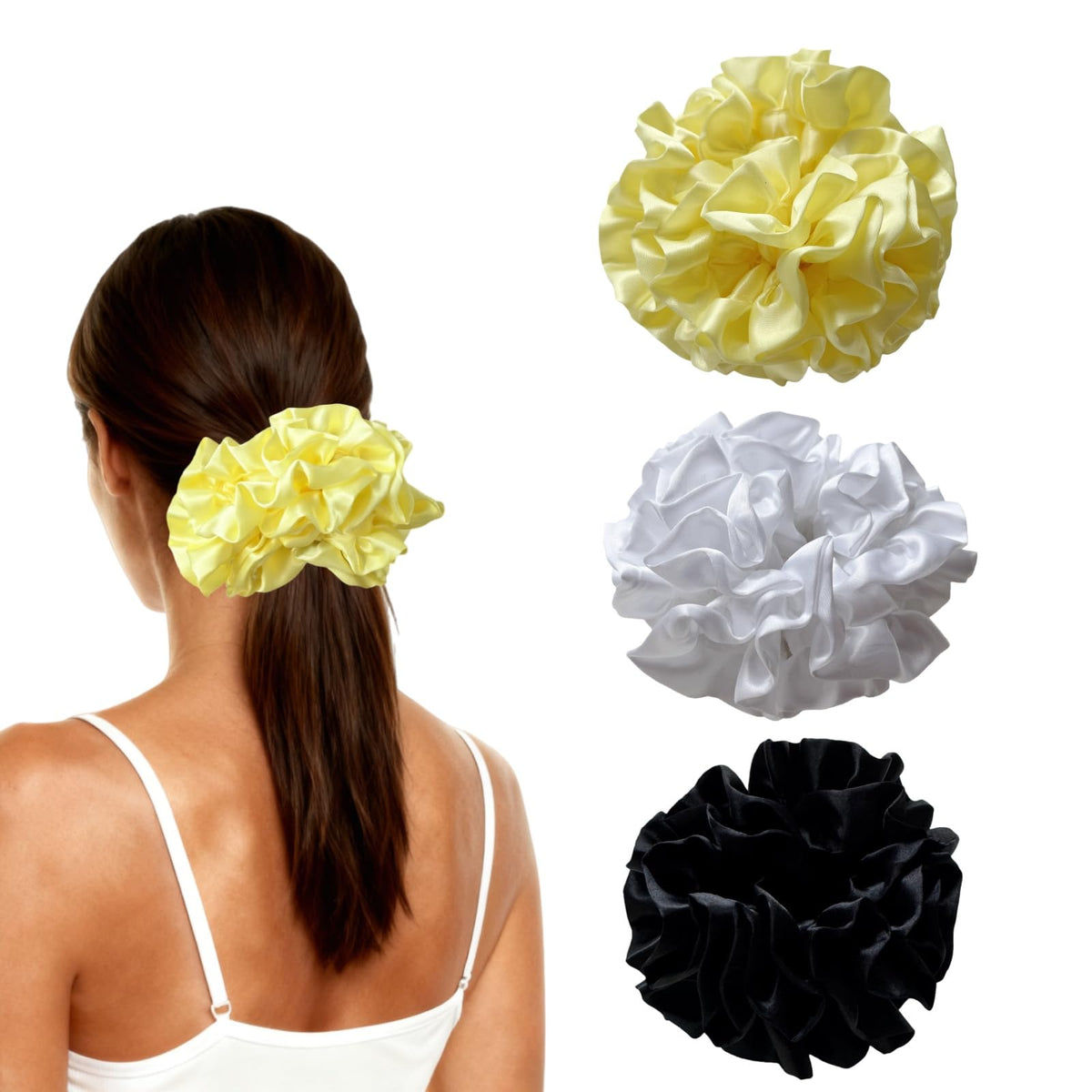 3 Pack Satin Scrunchies for Women, Large Silk Ruffle Scrunchies, Voluminous Hair Ties for Thick & Thin Hair, Hair Bow for Daily, Work & Party (Black, Brown, Red)