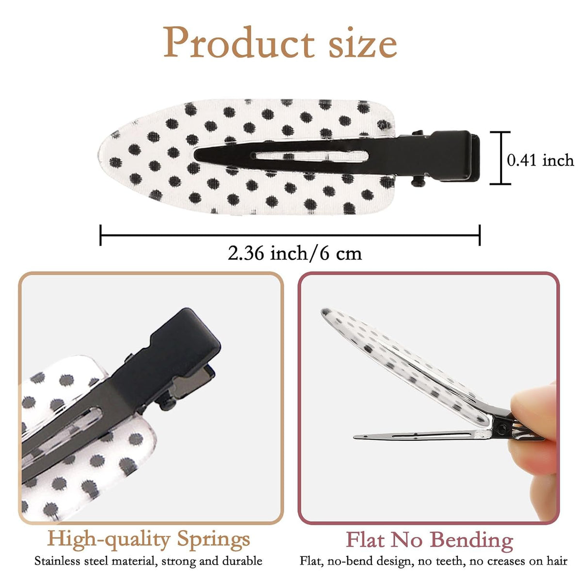 6 Pack Creaseless Hair Clips for Women - No Bend No Crease Hair Clips for Styling, Makeup, Washing Face, Bangs | Classic Polka Dot Flat No Dent Alligator Clips for Salon & Home (Black & White)