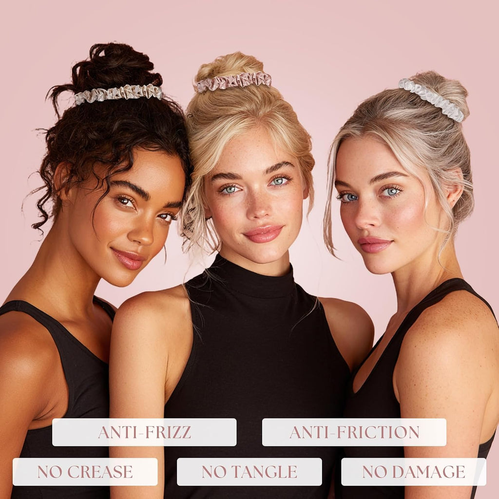PILAVA Large Mulberry Silk Scrunchies, 3 Pack White Pink Gold | Gift Set