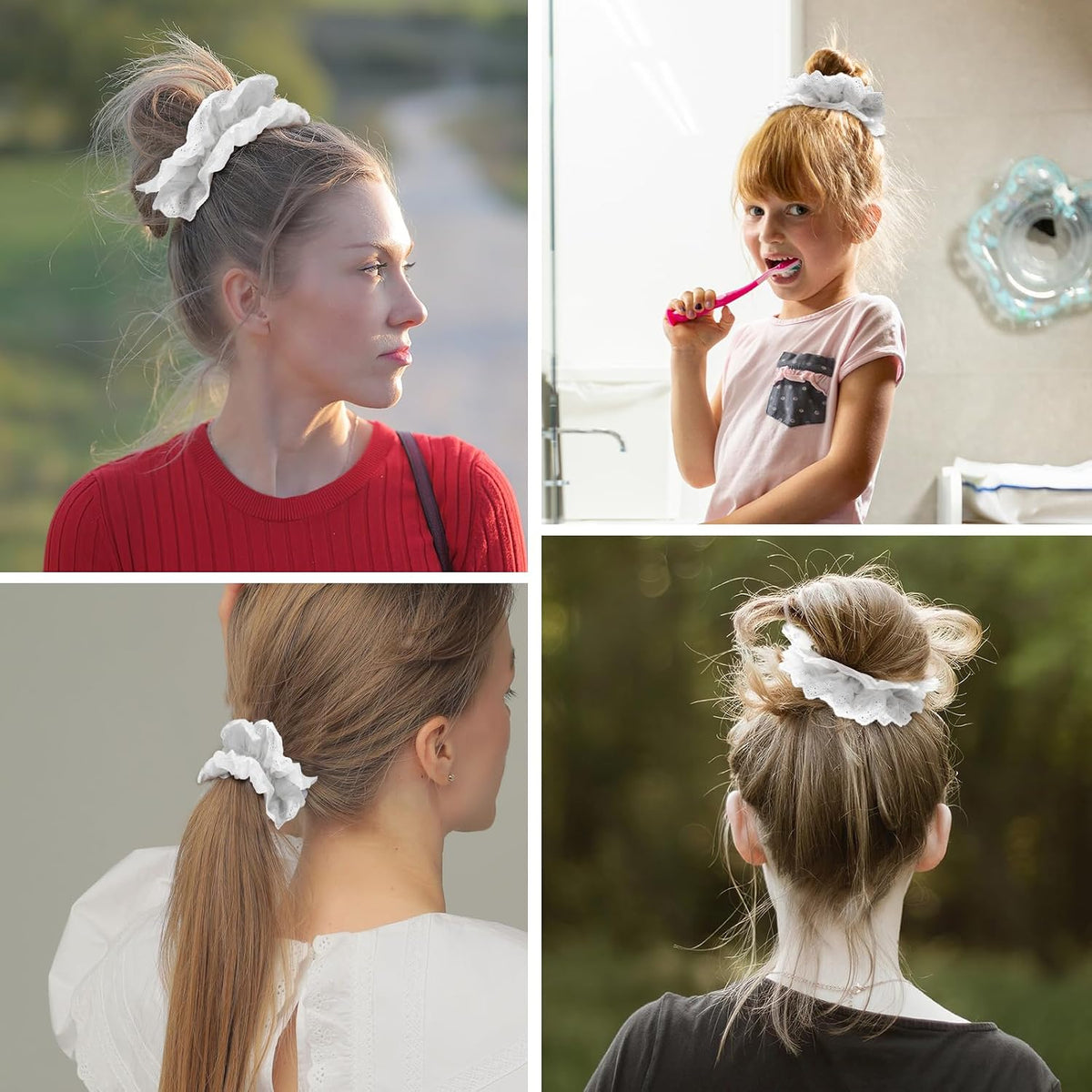 Dimeho White Scrunchies for Women Large Lace Scrunchies Elastic Hair Ties No Damage Double Layer Hair Bands (white)