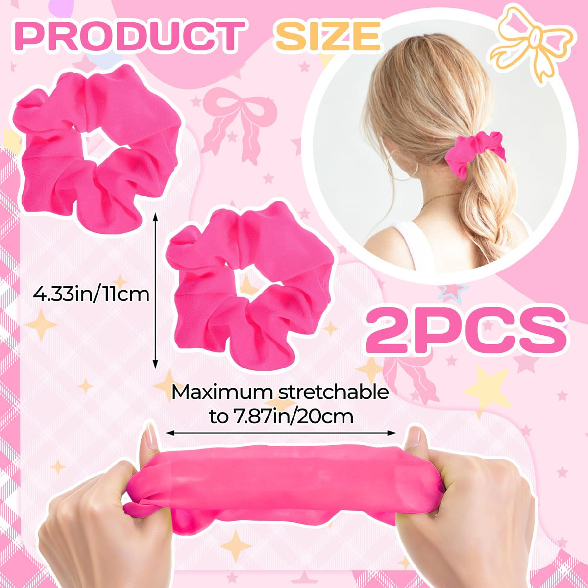Hot Pink Scrunchie 2PCS Neon Scrunchie 80s Hair Accessories for Women Girl Solid Colors Elastic Hair Ponytail Holder for Party Outfits Workout Costumes and Ponytail Styling (Pink)