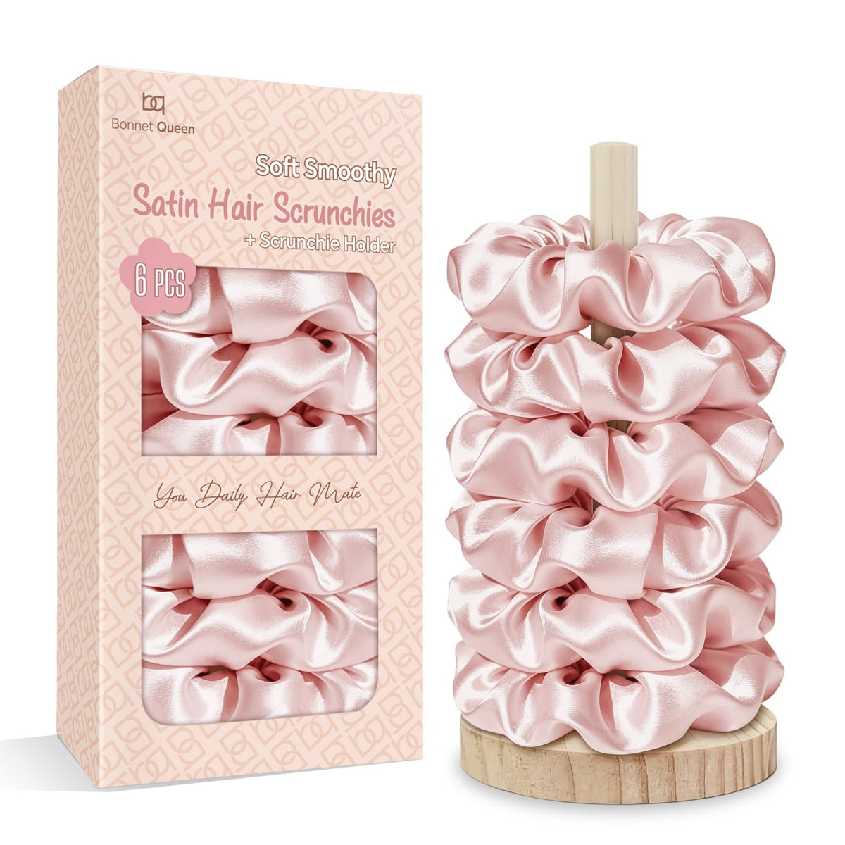BONNET QUEEN Satin Scrunchies for Women, No Crease Silk Hair Ties & Holder, Soft Silk Hair Scrunchies for Sleeping & Everyday Use Ponytail Holders, Gentle Headwear Hair Accessories 6 Pack, Pink Tones
