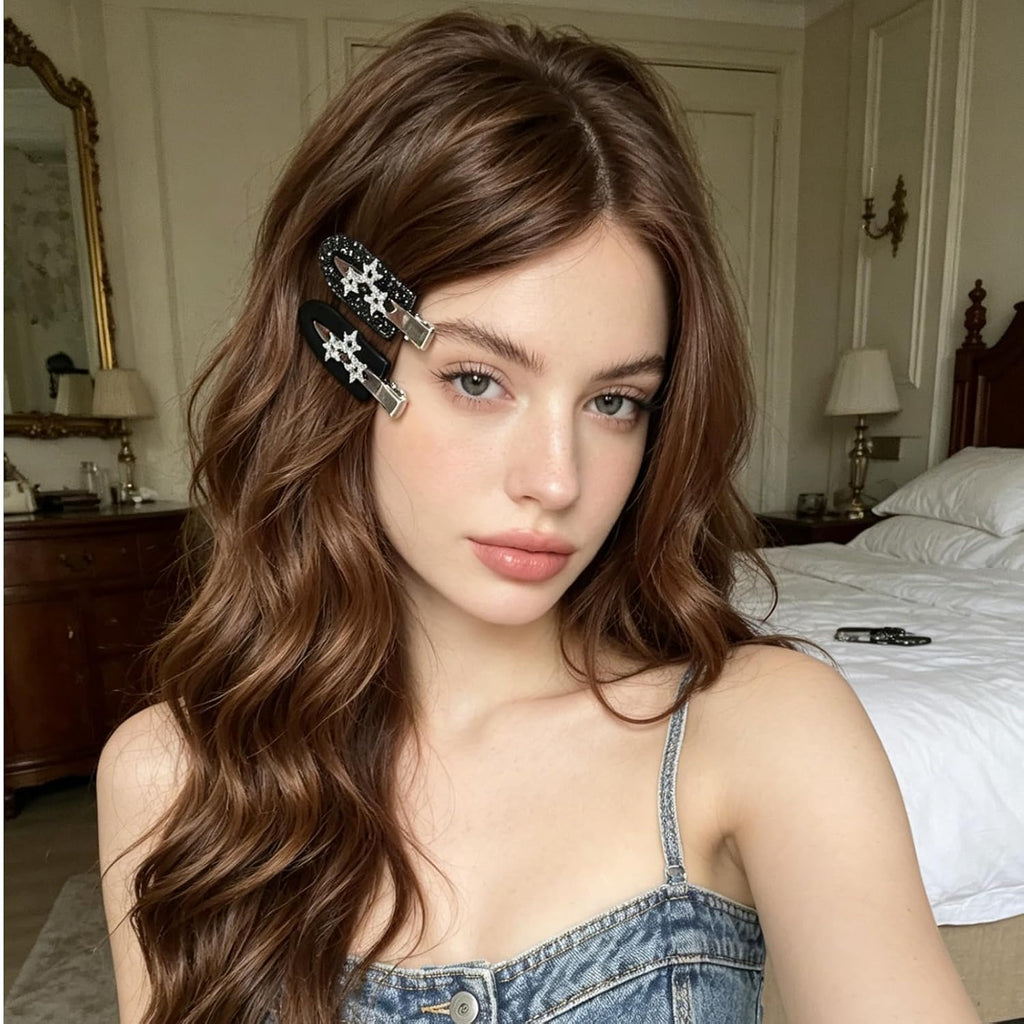 4Pcs Black Sparkly Rhinestone Star Creaseless Hair Clips, No Bend Black Glitter Barrettes, Sparkly No Crease Makeup Clips for Women Styling & Daily Wear