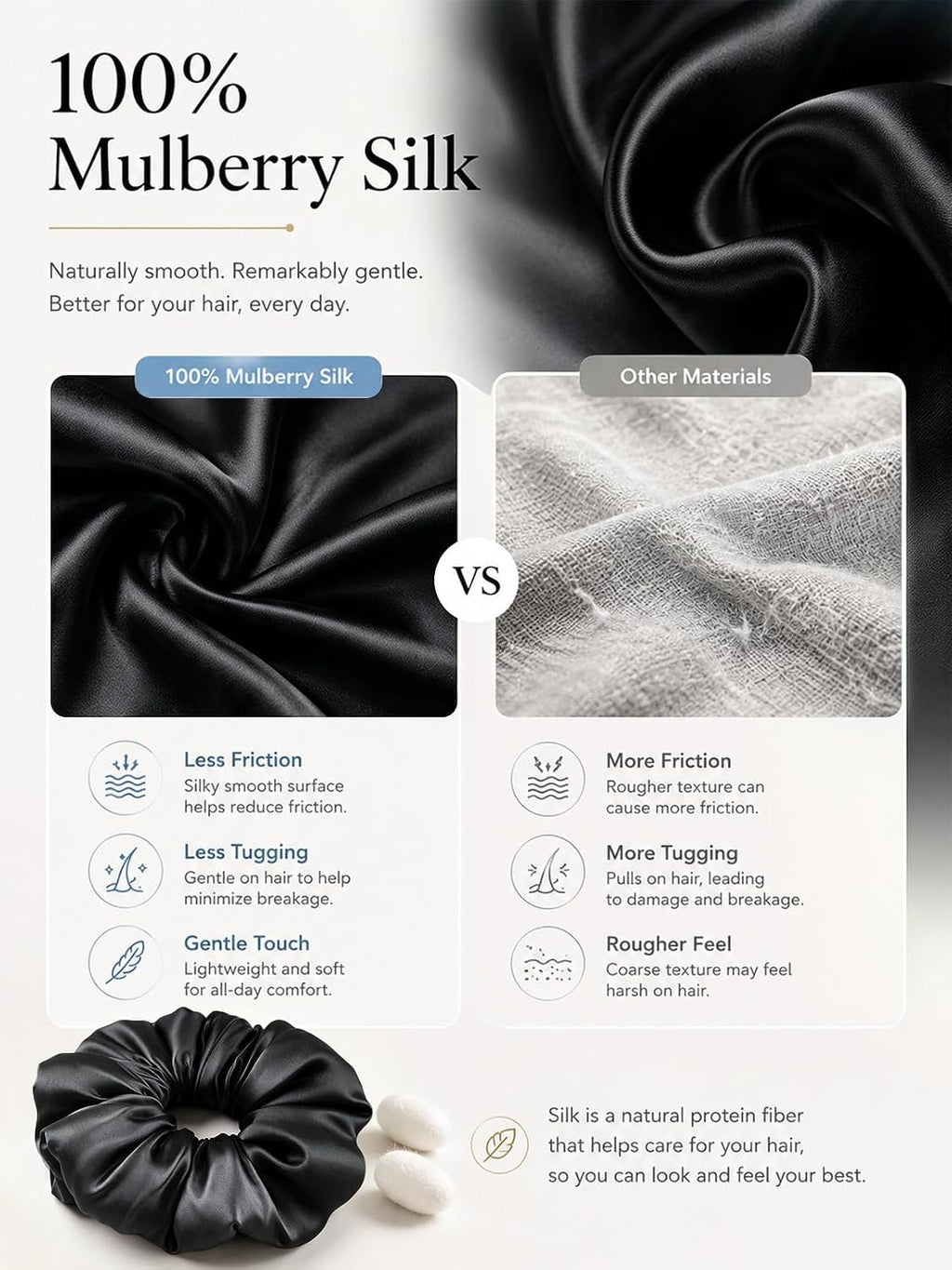 100% Mulberry Silk Hair Scrunchie for Women, Hair Tie Black