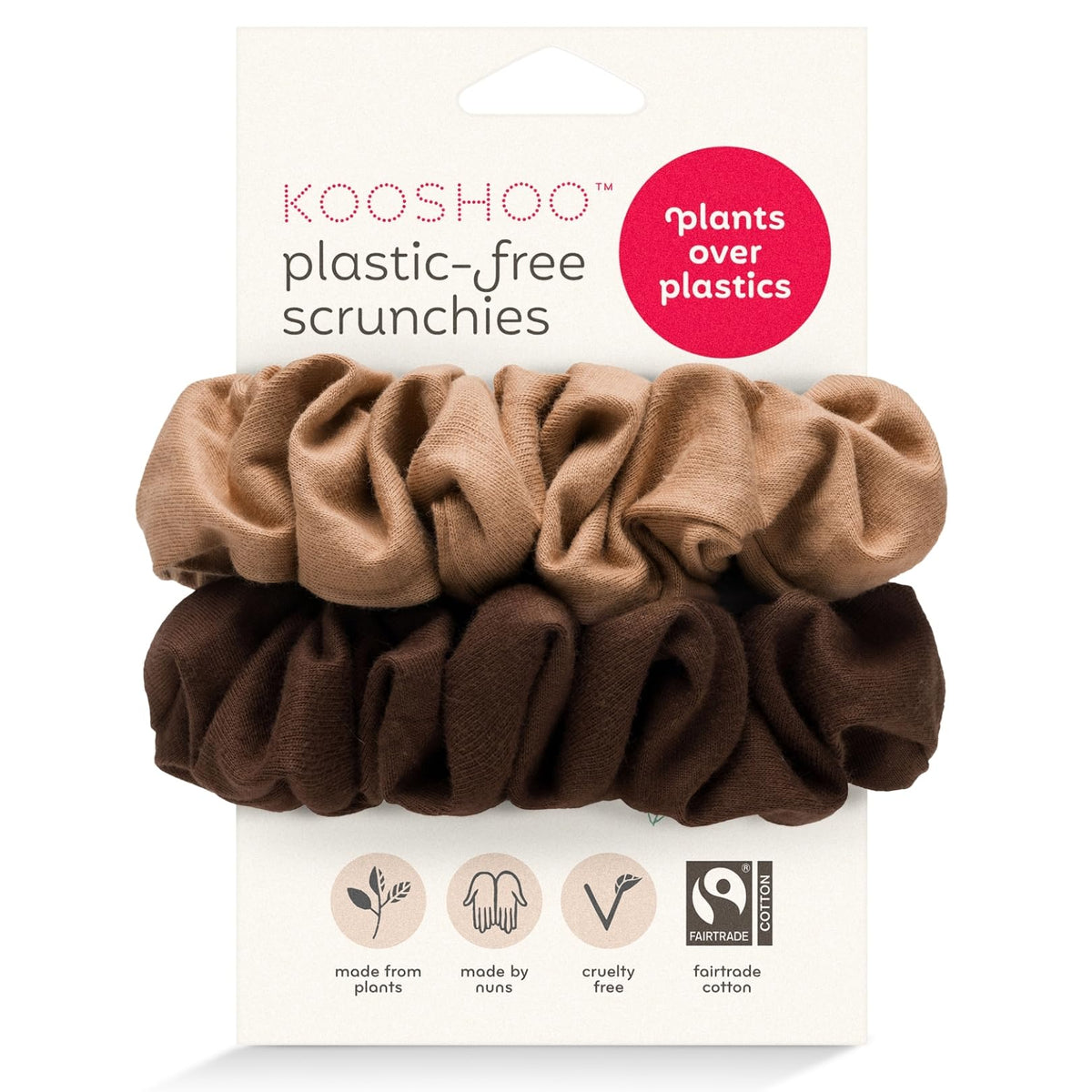 KOOSHOO Scrunchies - Organic Cotton Scrunchie Set Made from Plants - Washable, Durable, No-Damage Accessories for All Hair Types - Fair Trade, Ethically Made, Vegan - 2ct - Macchiato Brown