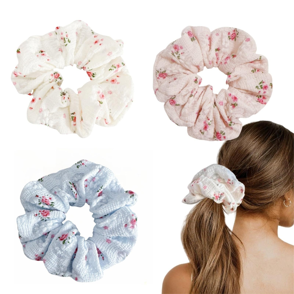 3 Pack Satin Scrunchies for Women, Large Silk Ruffle Scrunchies, Voluminous Hair Ties for Thick & Thin Hair, Hair Bow for Daily, Work & Party (Black, Brown, Red)