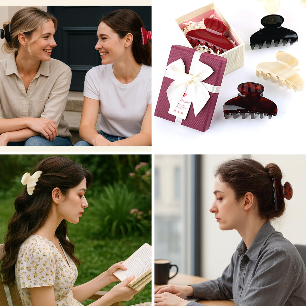MAORULU Medium Cute Acetate Hair Claw Clip for Women Girls, 3 Inch Tortoise Shell Claw Clips for Thin & Medium Thick Hair, Durable French Banana Clip with Gift Box, Celluloid Accessories