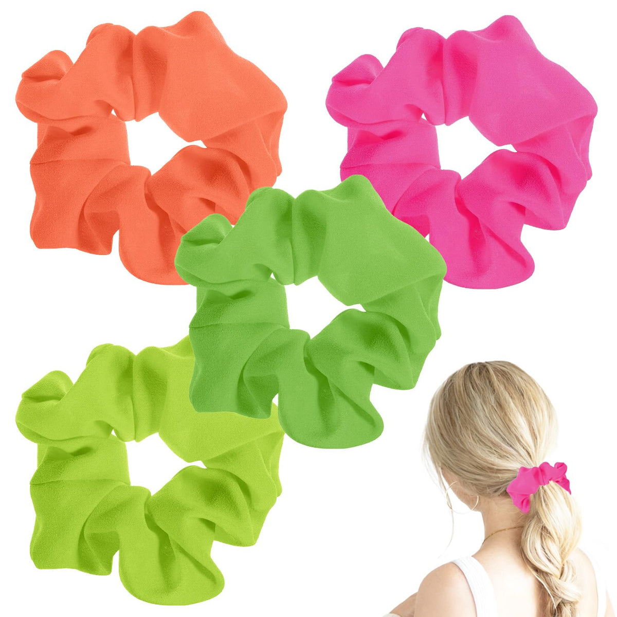 Hot Pink Scrunchie 2PCS Neon Scrunchie 80s Hair Accessories for Women Girl Solid Colors Elastic Hair Ponytail Holder for Party Outfits Workout Costumes and Ponytail Styling (Pink)