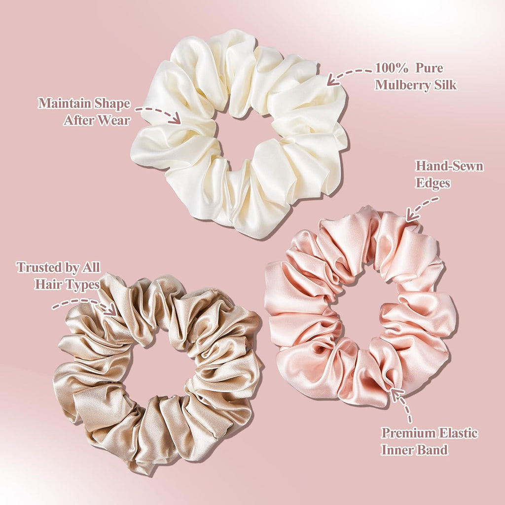PILAVA Large Mulberry Silk Scrunchies, 3 Pack White Pink Gold | Gift Set