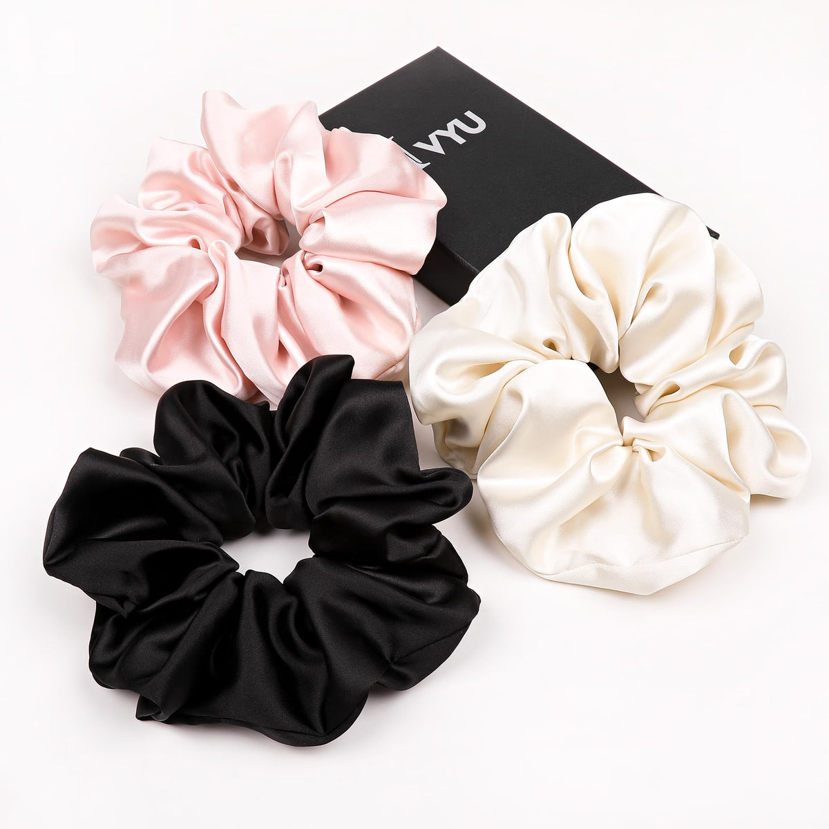 Ivyu Scrunchies Hair Ties, Big Large Scrunchie for Girls Women, Cute Hairties Jumbo Scrunchy For Thick Curl Hair No Crease Hair Accessories Soft Ropes Ponytail Holder, 4 Count, Black, Brown, Beige