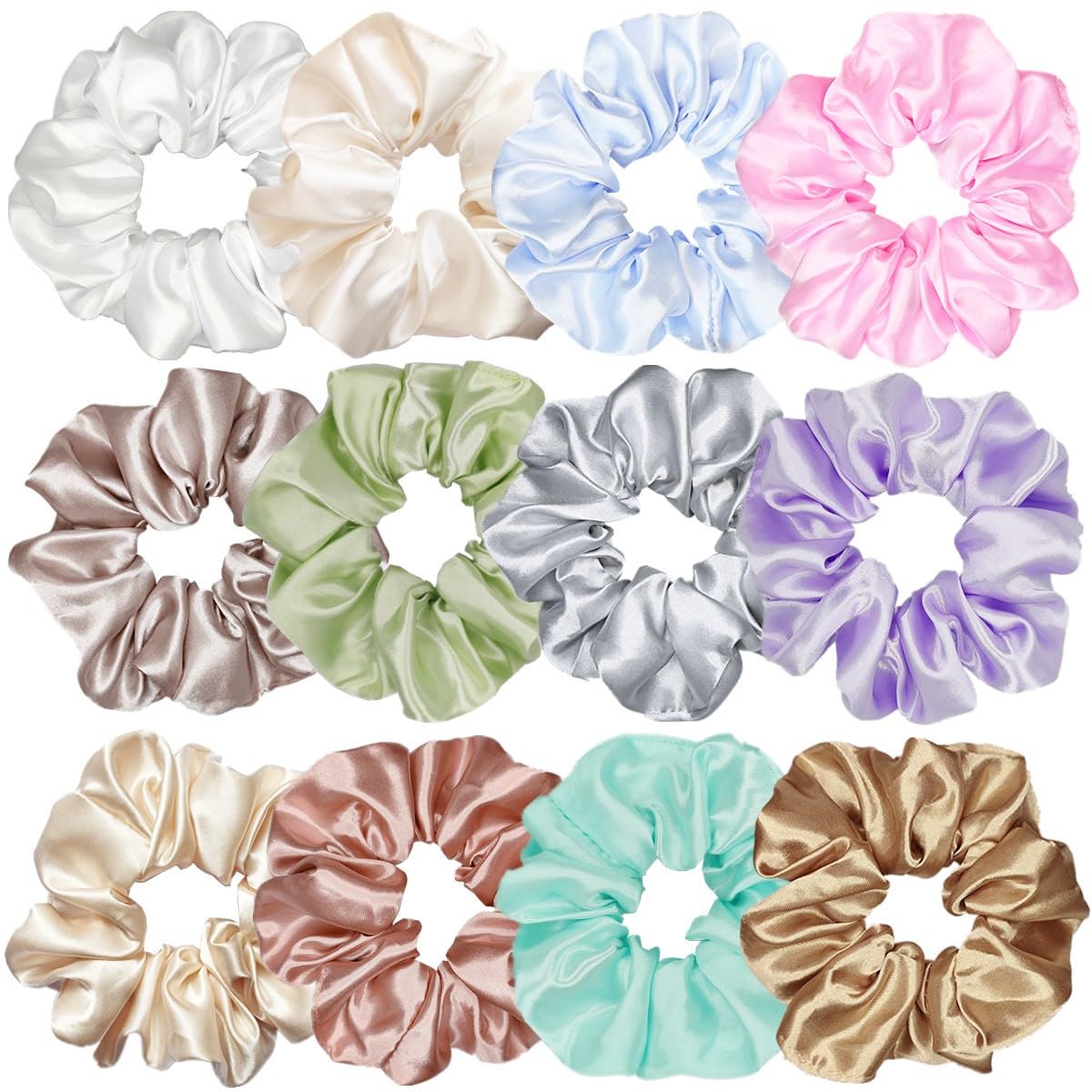 12 Pcs Satin Silk Scrunchies Soft Hair Ties Fashion Hair Bands Hair Bow Ropes Elastic Bracelets Ponytail Holders Hair Accessories for Women Girls (4.5 Inch, Assorted Multi-color)