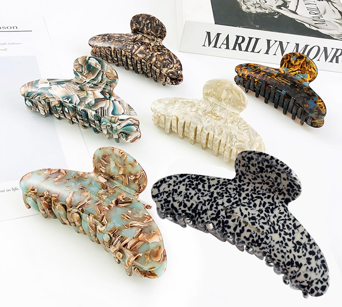 Wenlly large tortoise shell claw clip, 4.1 Inch cellulose acetate hair claw clips, marble non-slip strong hair hold barrettes for women and girls, brown
