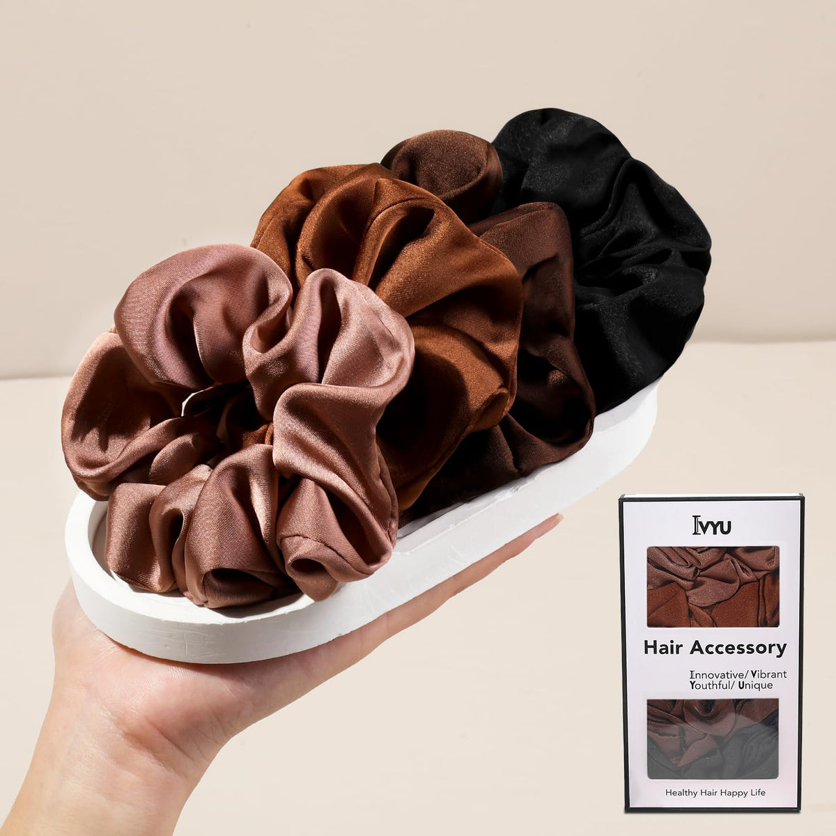Ivyu Scrunchie, Big Cotton Scrunchies for Women's and Girls, Brown Service, 4 Count, for All Hair Types, No Crease or Damage